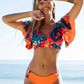 Bikini 2 pièces tropical avec manches à volants – Haut crop à décolleté plongeant et culotte taille moyenne