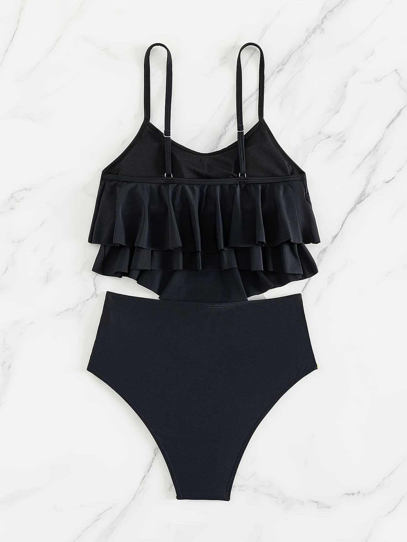 Ensemble de plage noir femme – Bikini à volants et taille haute sculptante