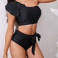 Bikini vert/noir asymétrique avec volant – Haut une épaule élégant et culotte taille haute nouée