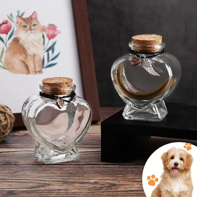 Bouteille Souvenir en Verre en Forme de Cœur – Urne Commémorative pour Poils ou Cendres d’Animal – Pendentifs Aile & 'My Cat