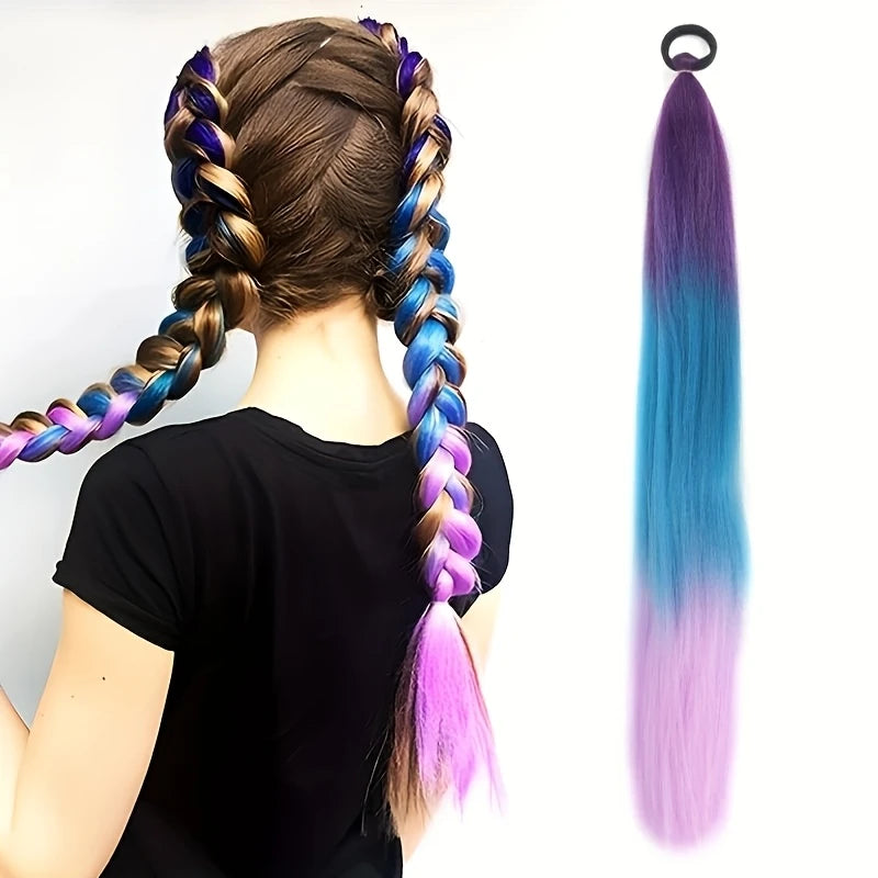 Extensions de Cheveux Colorées Tie and Dye Violet-Bleu-Rose-kaki – Mèches Synthétiques pour Tresses Créatives et Look Fun