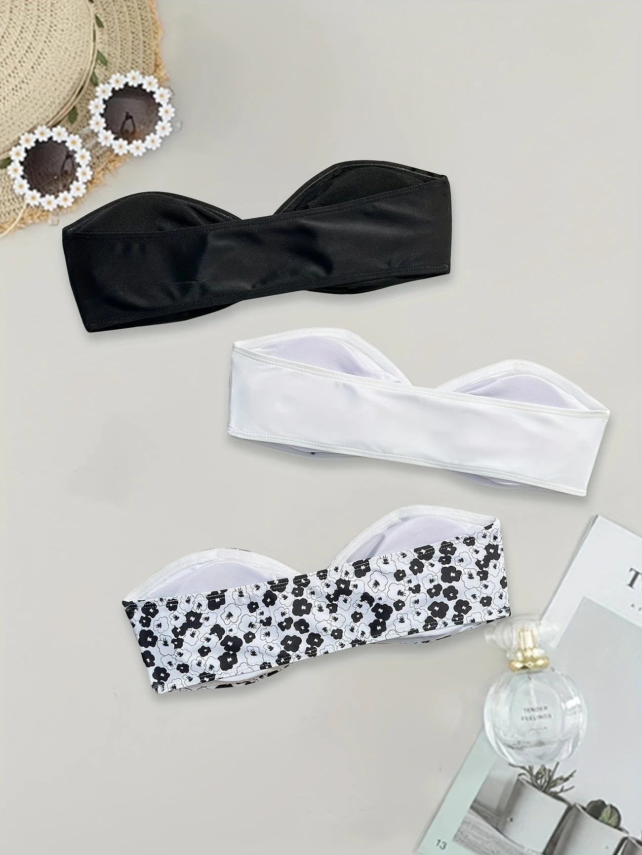 Haut de Bikini Femme Bandeau – Lot de 3 avec Anneau Central, Uni & Fleuri, Sans Bretelles