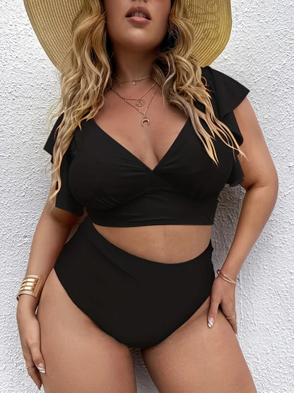 Maillot de Bain Femme Noir Deux Pièces – Haut à Volants & Culotte Taille Haute Gainante