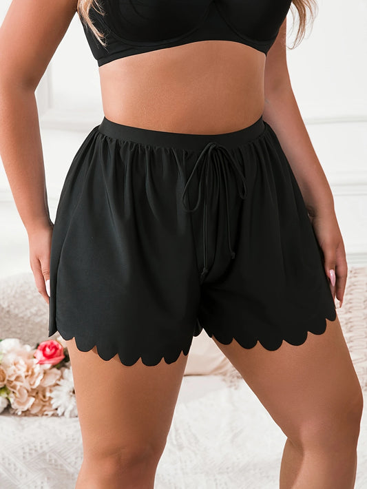 Short de bain noir à bords festonnés – Taille haute, ajustable et ultra confortable pour femme pulpeuse