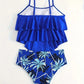 Bikini deux pièces bleu royal – Haut à volants asymétriques & culotte imprimée tropicale