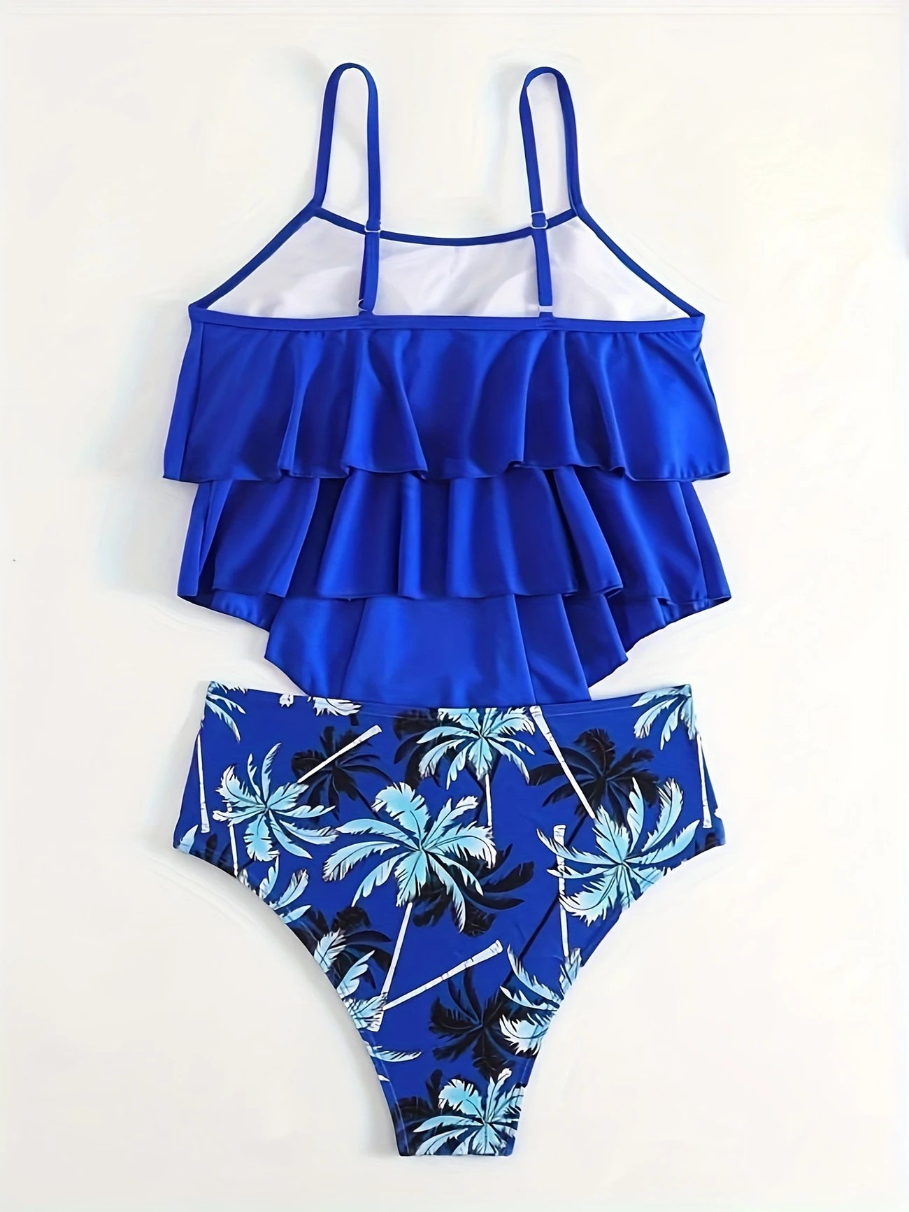 Bikini deux pièces bleu royal – Haut à volants asymétriques & culotte imprimée tropicale
