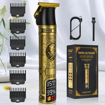 Tondeuse de Précision Électrique Or – Coupe Cheveux & Barbe, Écran Digital LCD, 6 Sabots, Recharge USB, Style Vintage