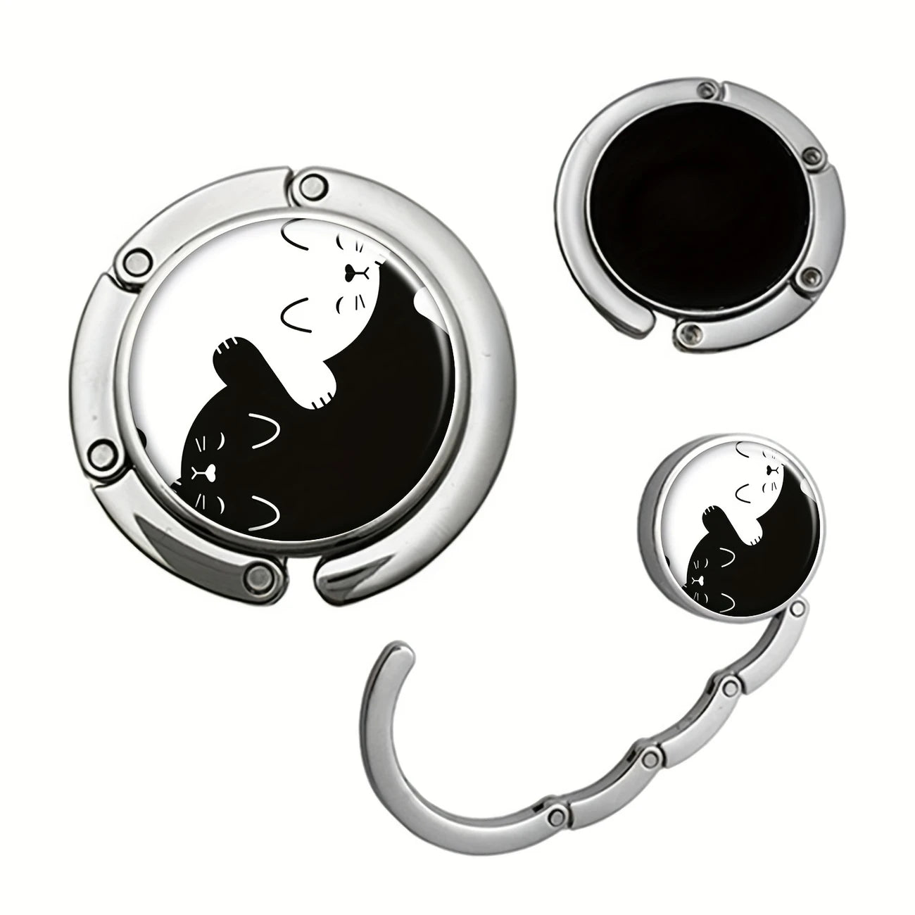 Crochet de Table Pliable pour Sac à Main – Design Chats Yin Yang, Compact et Antidérapant