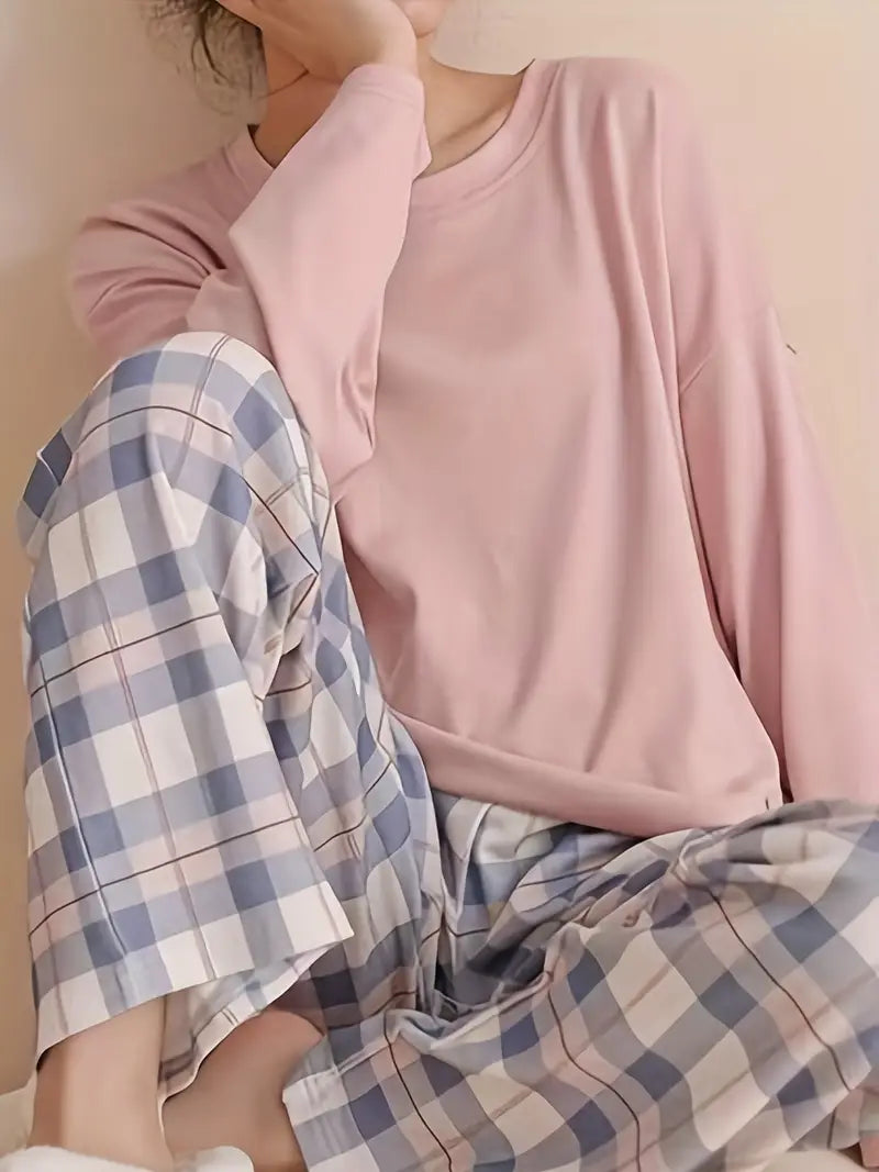 Pyjama Femme Long Confort Oversize – Haut Manches Longues & Pantalon à Carreaux, Ensemble Doux et Décontracté