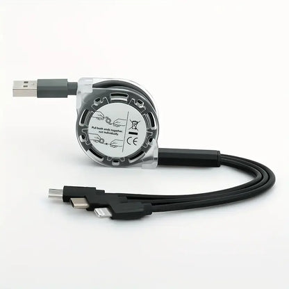 Câble 3-en-1 Rétractable Rose – USB vers Lightning, Type-C et Micro USB – Charge Rapide et Compact pour Tous Appareils