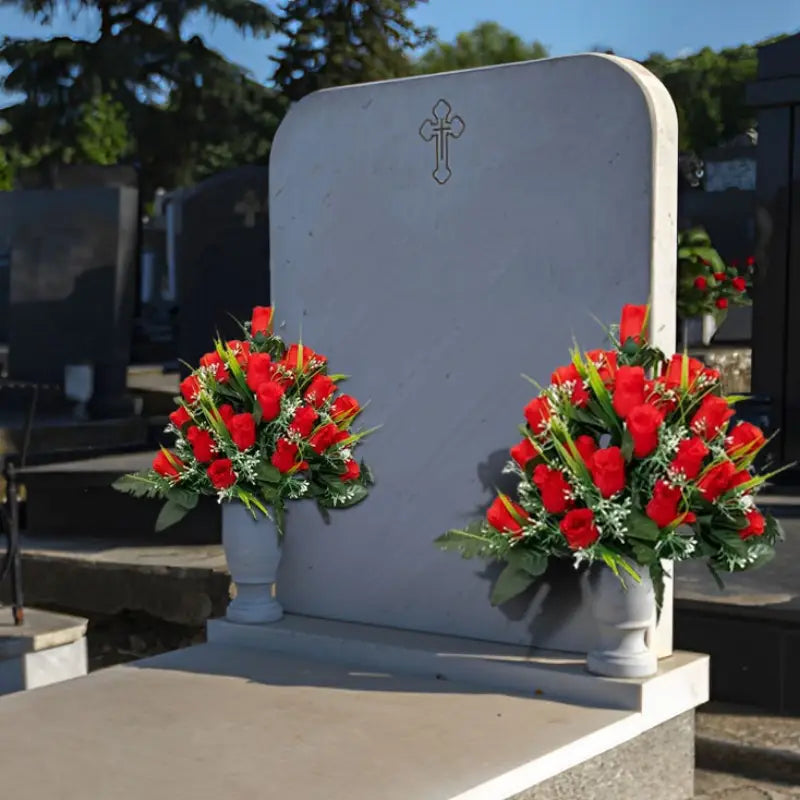 Bouquet de Fleurs Artificielles Roses Rouges – Hommage et Décoration pour Tombes ou Urnes Funéraires Animaux