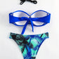 Ensemble Bikini Bandeau Bleu Électrique & Bas Imprimé Tropical – Bretelles Amovibles Incluses