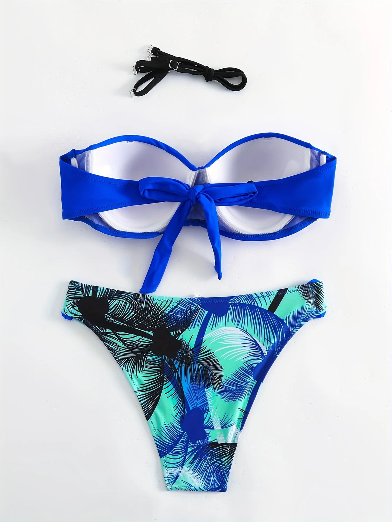 Ensemble Bikini Bandeau Bleu Électrique & Bas Imprimé Tropical – Bretelles Amovibles Incluses