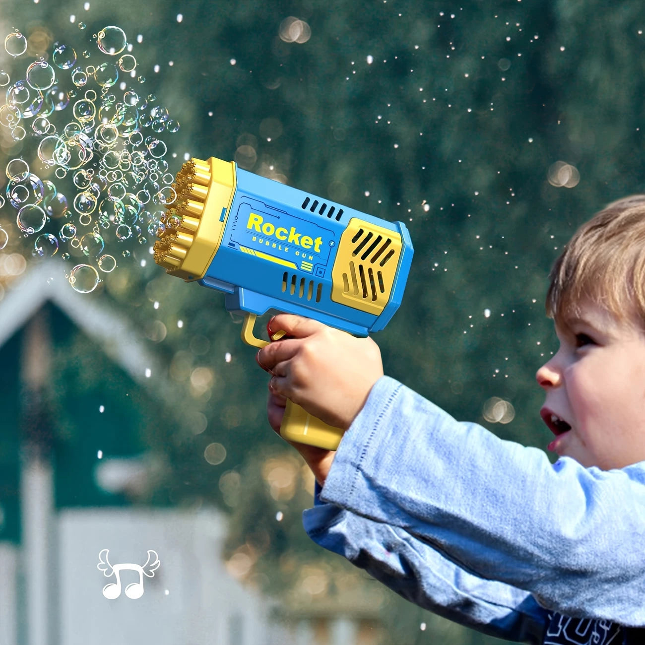 Pistolet à Bulles Électrique Rocket – 40 Trous, Lumières LED, Design Rose et Jaune – Jouet Amusant pour Enfants & Fêtes