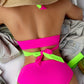 Ensemble Bikini Color Block Fuchsia & Vert Fluo – Taille Haute avec Ceinture Tendance