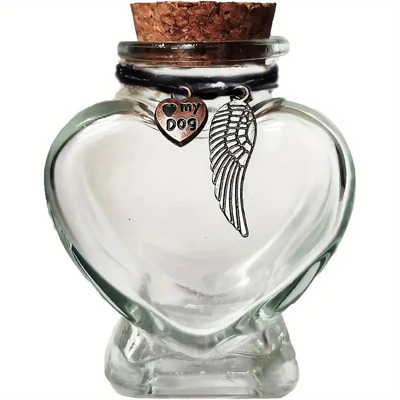 Urne Cœur en Verre pour Cendres de Chat – Souvenir Funéraire avec Charms Ailes d’Ange et 'I ♥ my Cat