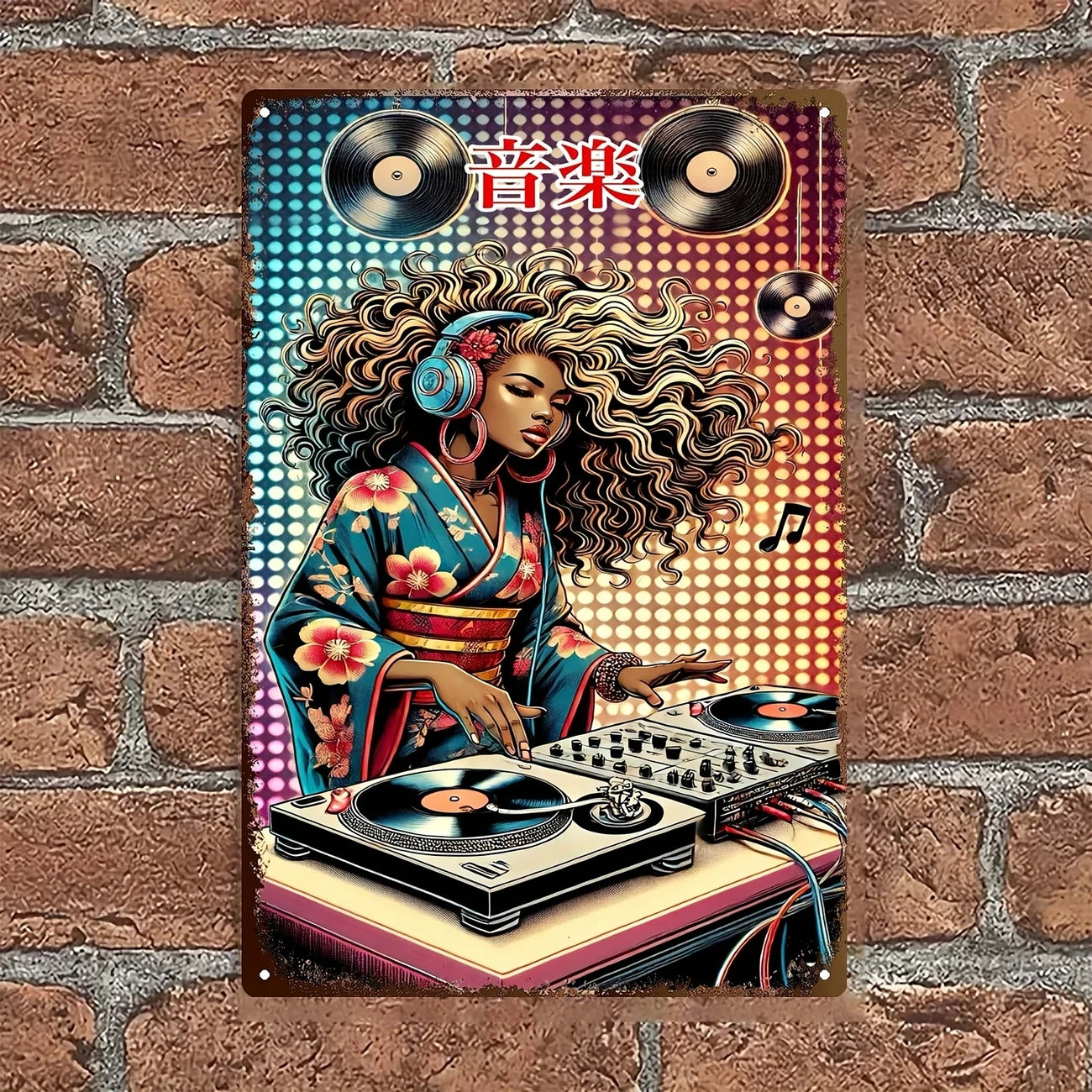 Affiche Métal DJ Afro-Japonaise en Kimono – Déco Murale Vintage Studio & Musique