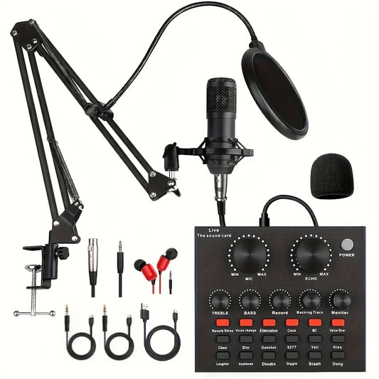 Kit Microphone Studio avec Carte Son V8 – Bras Articulé, Filtre Anti-Pop & Accessoires Inclus