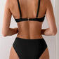 Bikini bleu/noir à fronces élégantes – Haut de maillot avec anneau doré et bretelles fines