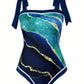 Tankini femme chic imprimé marbre bleu avec paréo assorti – Élégance et confort à la plage