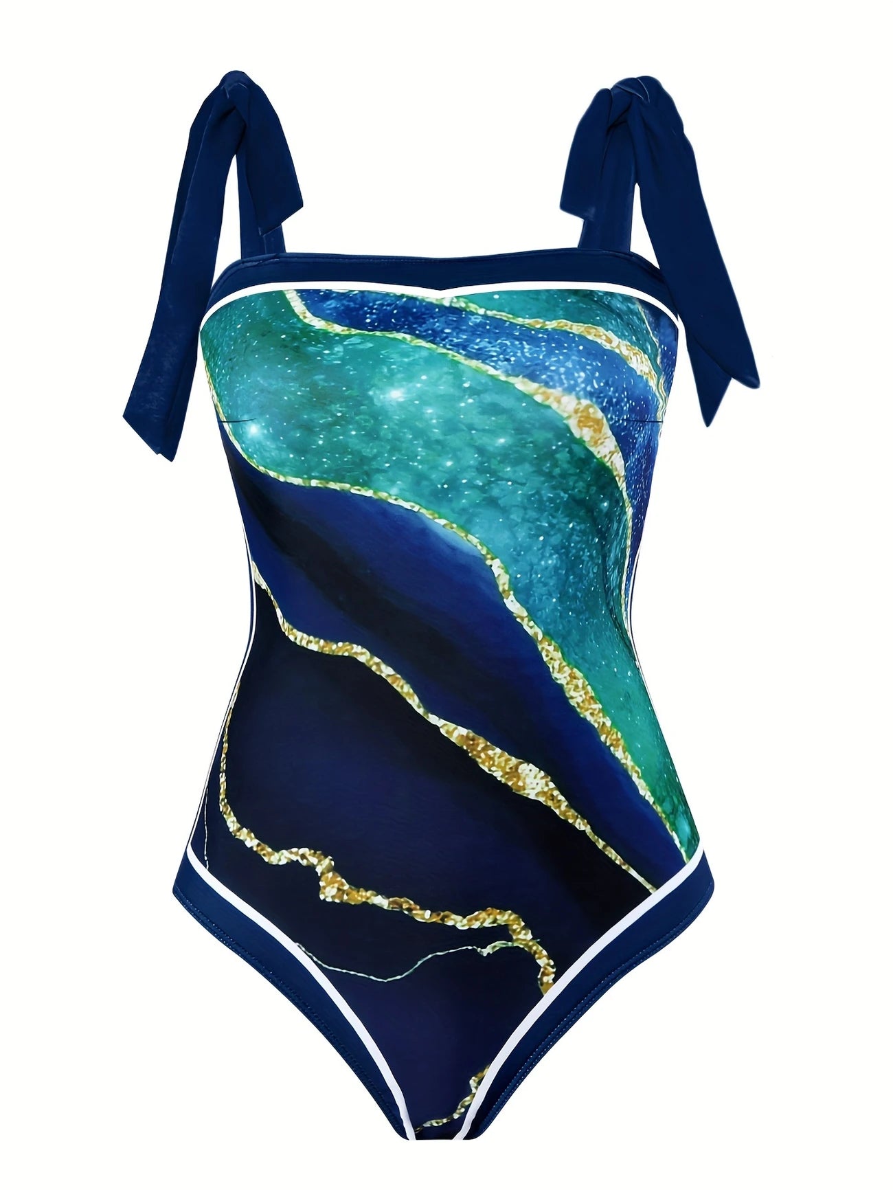 Tankini femme chic imprimé marbre bleu avec paréo assorti – Élégance et confort à la plage