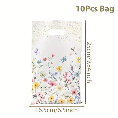 Sachets Cadeaux Fleuris avec Poignée – Lot de 10 Sacs en Plastique 25x16,5 cm pour Mariage, Anniversaire ou Fête