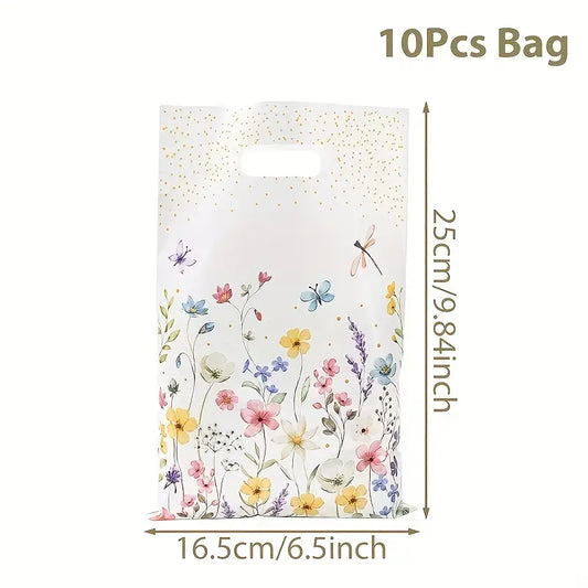 Sachets Cadeaux Fleuris avec Poignée – Lot de 10 Sacs en Plastique 25x16,5 cm pour Mariage, Anniversaire ou Fête