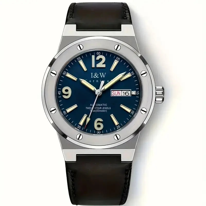 Montre homme automatique élégante – Cadran bleu avec affichage date et bracelet cuir