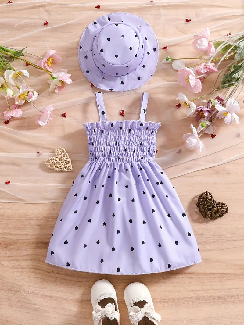 Robe Bébé Fille Été avec Chapeau Assorti – Tenue Légère à Motifs Cœurs