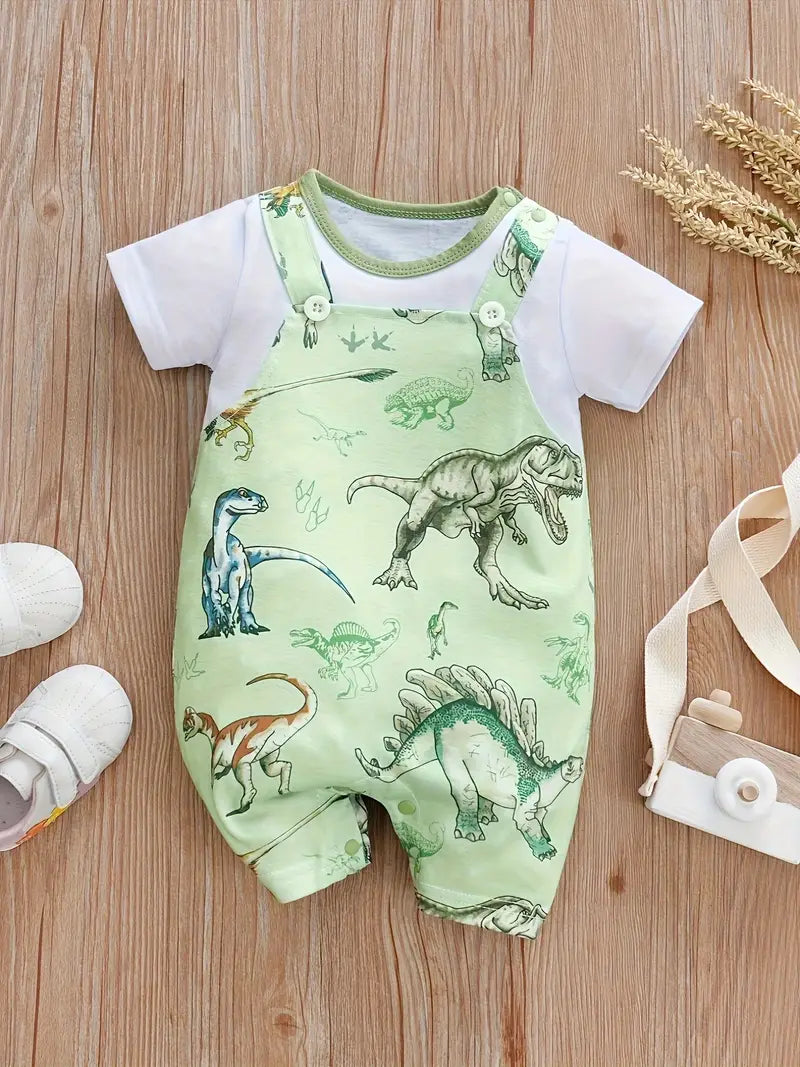 Body Bébé Salopette Dinosaure avec T-Shirt Blanc – Ensemble Été Confortable et Original