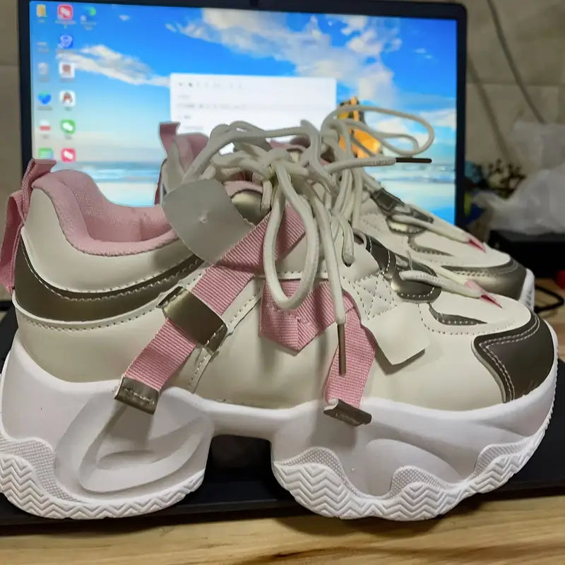 Chaussures de sport fille – Baskets chunky beige et rose avec semelle épaisse tendance et confort