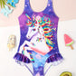Maillot de bain fille une pièce licorne – Maillot violet arc-en-ciel avec volants