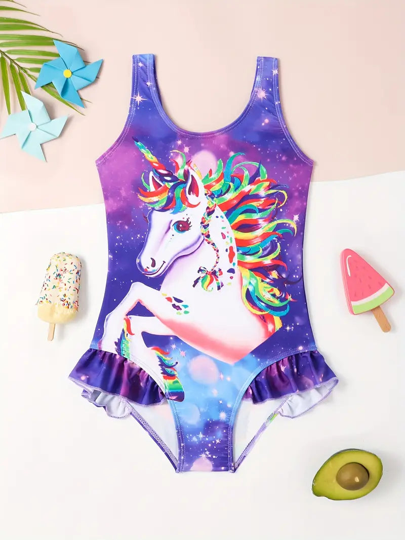 Maillot de bain fille une pièce licorne – Maillot violet arc-en-ciel avec volants