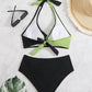 Ensemble de Plage Femme – Maillot de Bain Contrasté Noir et Vert avec Top Croisé et Bas Haute Taille