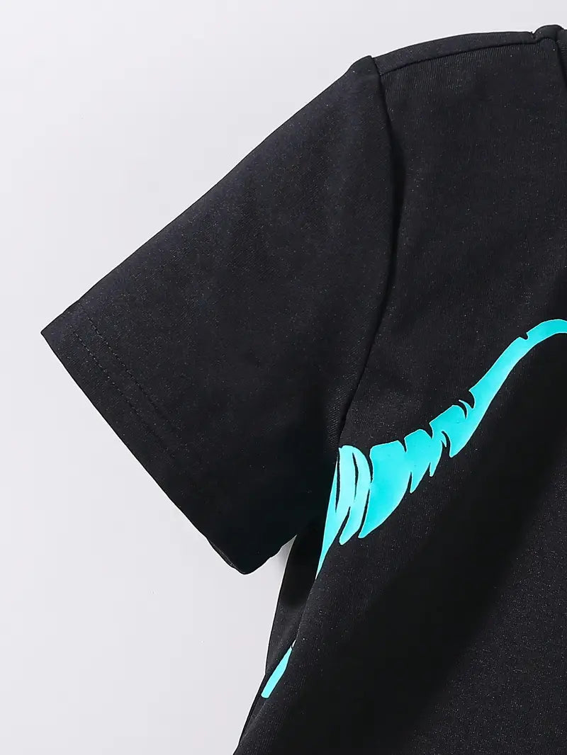 Ensemble chemise garçon noir et turquoise – t-shirt imprimé dinosaure avec short assorti été