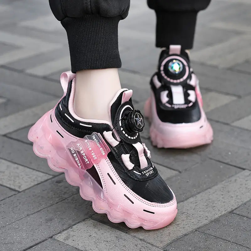 Chaussures de sport fille – Baskets noires et roses à semelle épaisse tendance et confortables