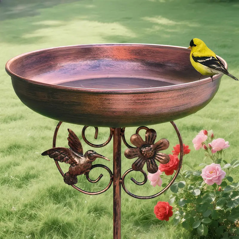 Bain d’Oiseaux de Jardin en Métal Antique – Abreuvoir Décoratif sur Pied avec Motifs Fleur et Colibri | Soins des Oiseaux et de la Faune