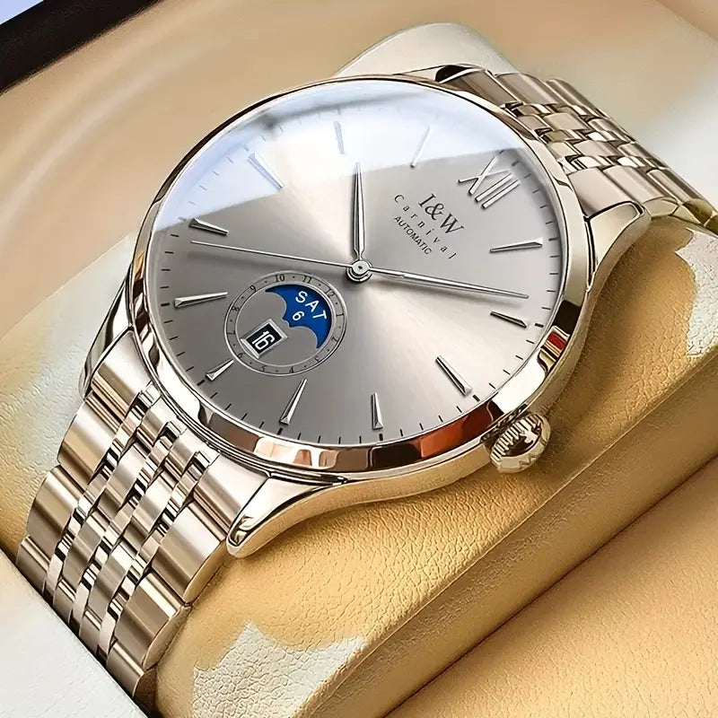 Montre homme automatique élégante – Acier inoxydable argenté avec calendrier et phase de lune