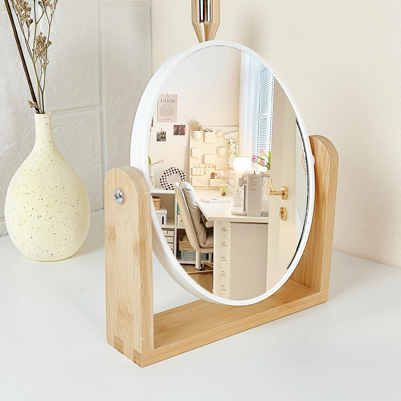 Miroir de Maquillage de Table Rotatif – Design Moderne avec Cadre Bois et Format Compact 21x18 cm