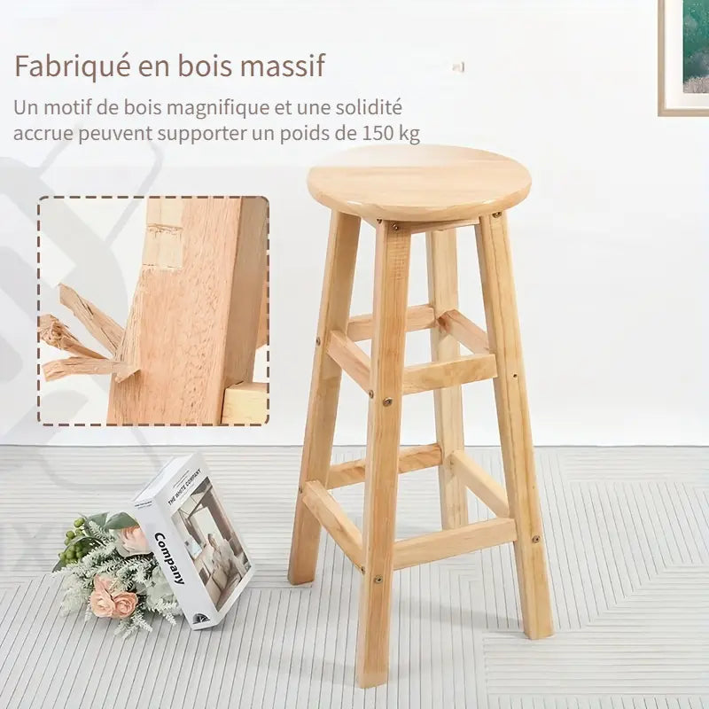 Tabouret Haut en Bois Massif – Chaise de Bar Ronde Disponible en 3 Hauteurs