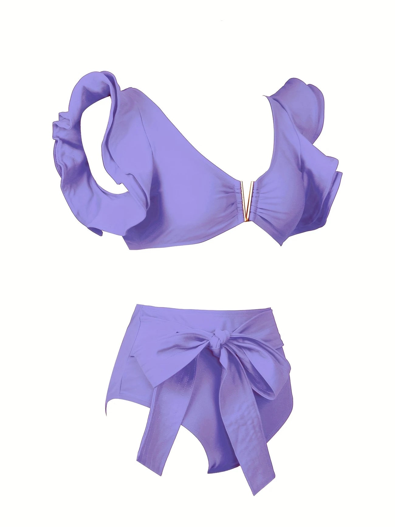 Bikini à volants – Haut élégant avec décolleté doré et culotte nouée avec grand nœud