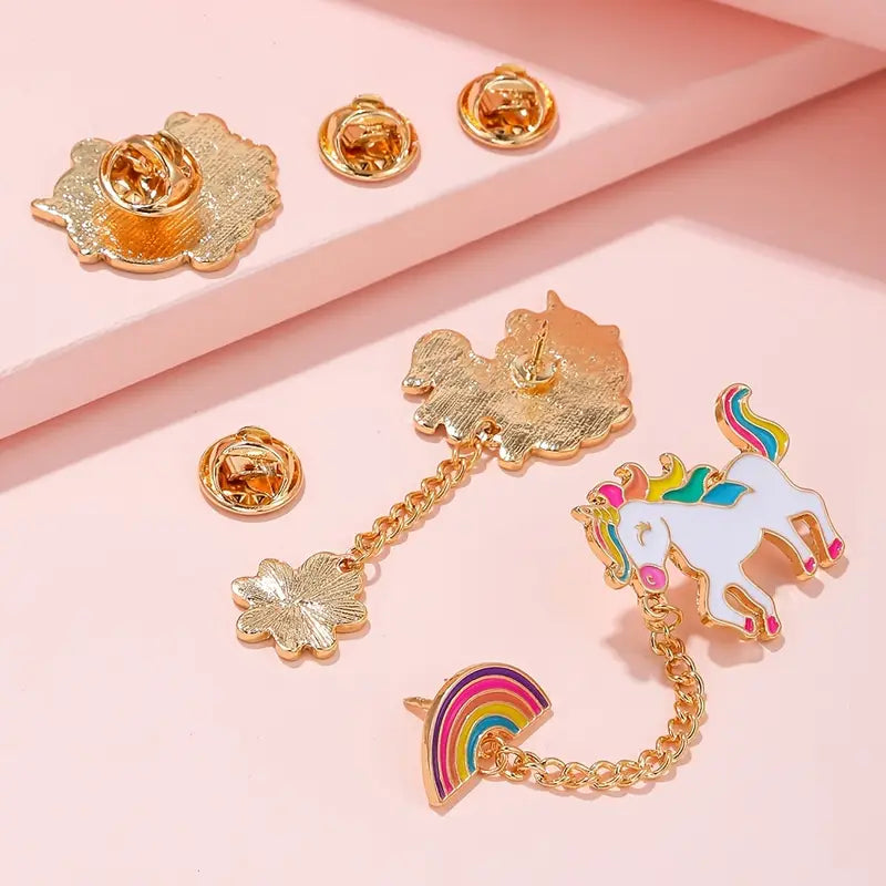 Broches Enfant Licorne et Arc-en-Ciel – Boutons Fantaisie Colorés avec Chaîne et Fleurs