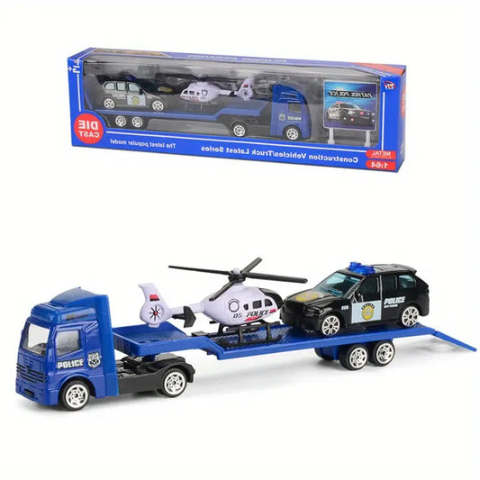 Camion Porteur Police avec Hélicoptère et Voiture – Coffret Jouet Transport de Police