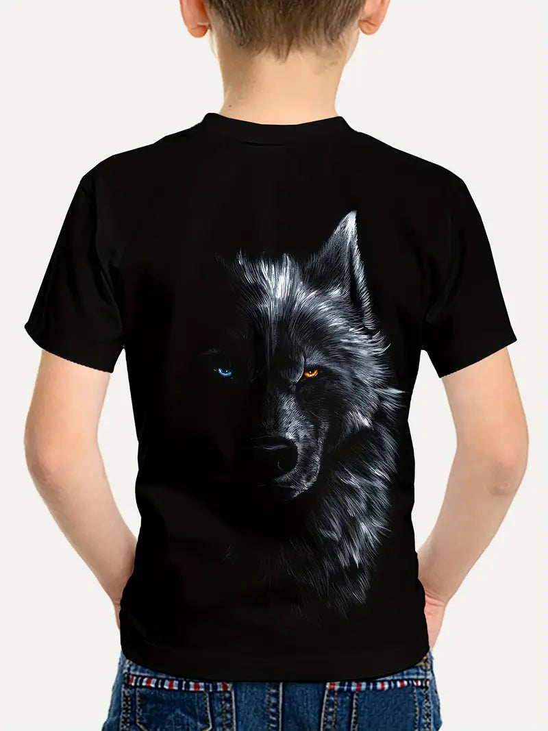 T-shirt Garçon Noir Motif Loup 3D – Haut Imprimé Animal Sauvage Mode Streetwear Enfant