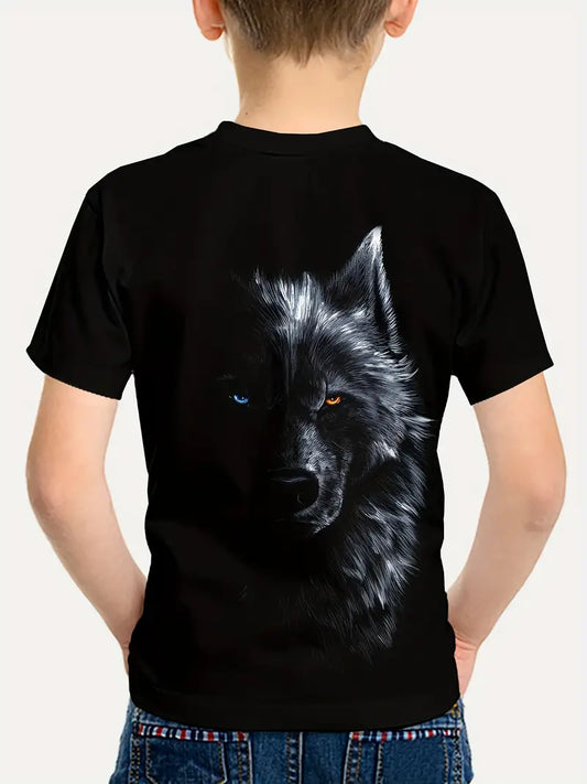 T-shirt Garçon Noir Motif Loup 3D – Haut Imprimé Animal Sauvage Mode Streetwear Enfant