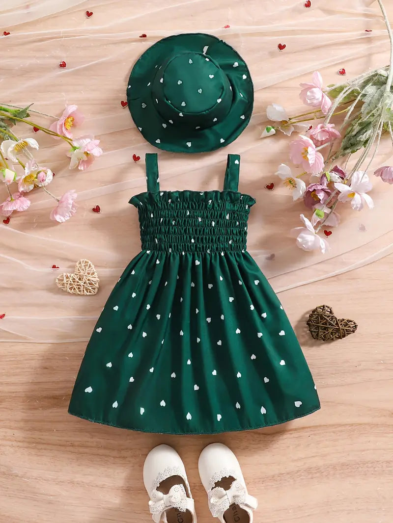 Robe Bébé Fille Été avec Chapeau Assorti – Tenue Légère à Motifs Cœurs