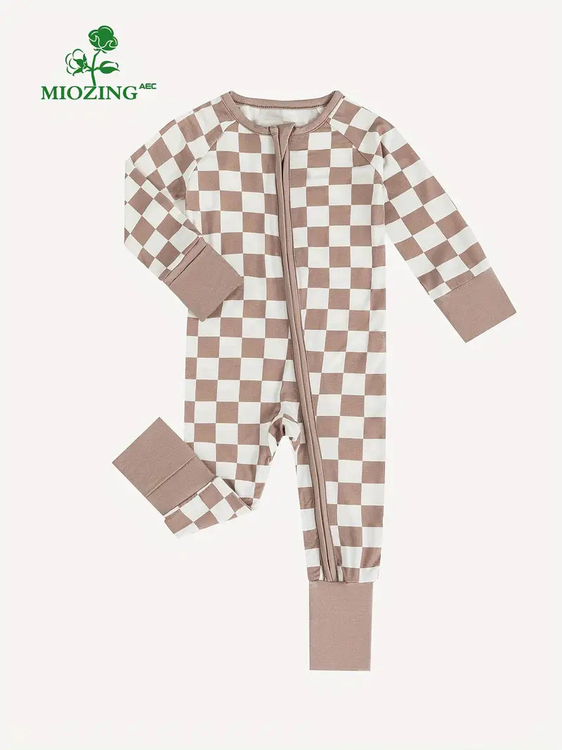 Body Bébé Manche Longue en Coton – Grenouillère à Carreaux Beige et Blanc avec Fermeture Éclair