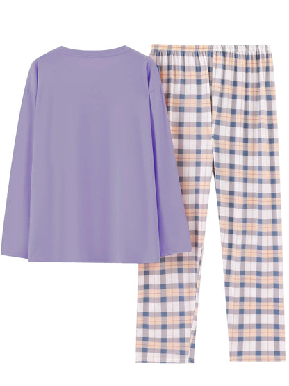 Pyjama Femme Long Confort Oversize – Haut Manches Longues & Pantalon à Carreaux, Ensemble Doux et Décontracté
