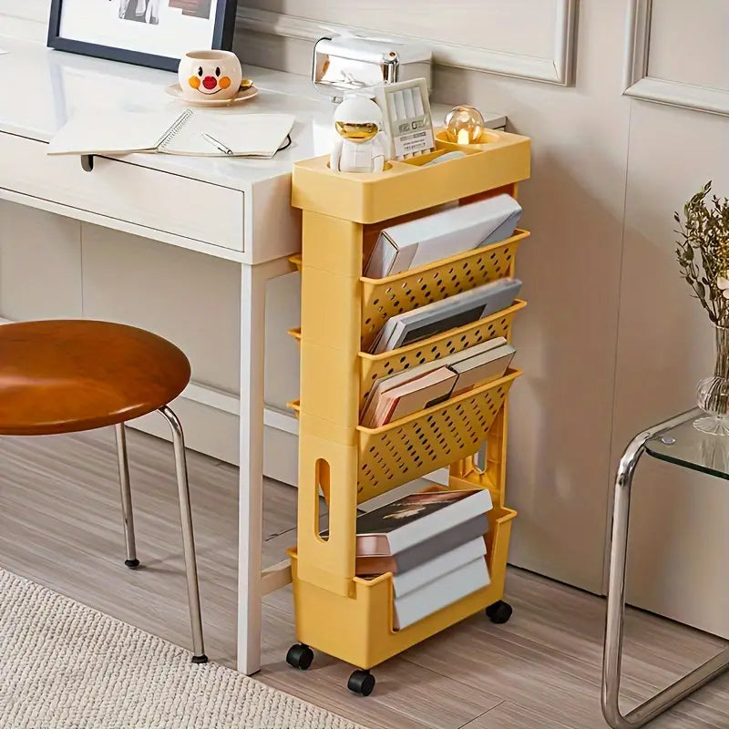Chariot de rangement étroit à roulettes – Organisateur vertical en plastique rose pour dossiers, livres et fournitures de bureau