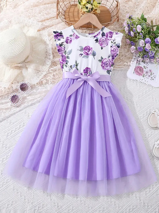 Robe fille élégante à fleurs violettes – Haut blanc volanté et jupe tulle verte avec nœud